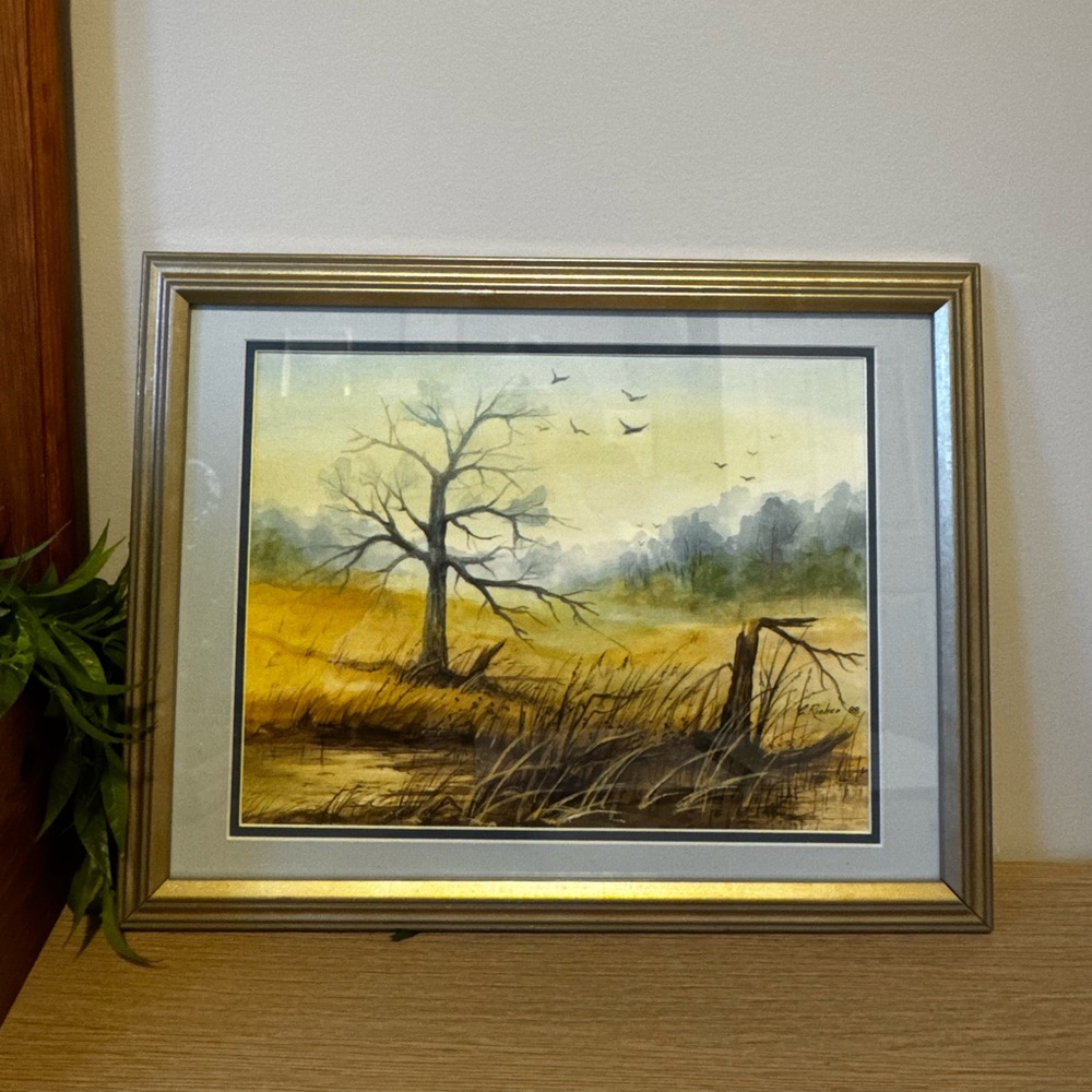 Framed Watercolor Landscape Painting with Tree and Birds